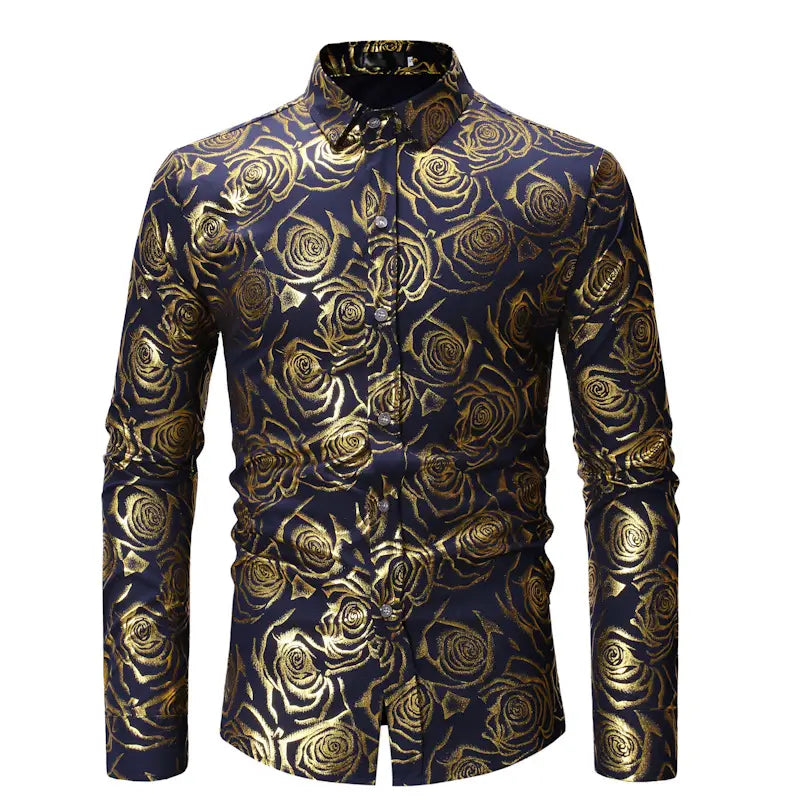 Chemise de ville pour homme à manches longues bleu marine, ornée d’un motif raffiné de roses dorées adaptée à un usage décontracté.