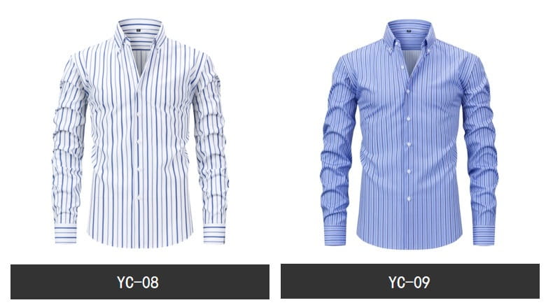 Dos camisas de vestir abotonadas de manga larga a rayas para hombre en blanco con rayas marino finas y en azul claro con rayas verticales, mostradas en el lado frontal.