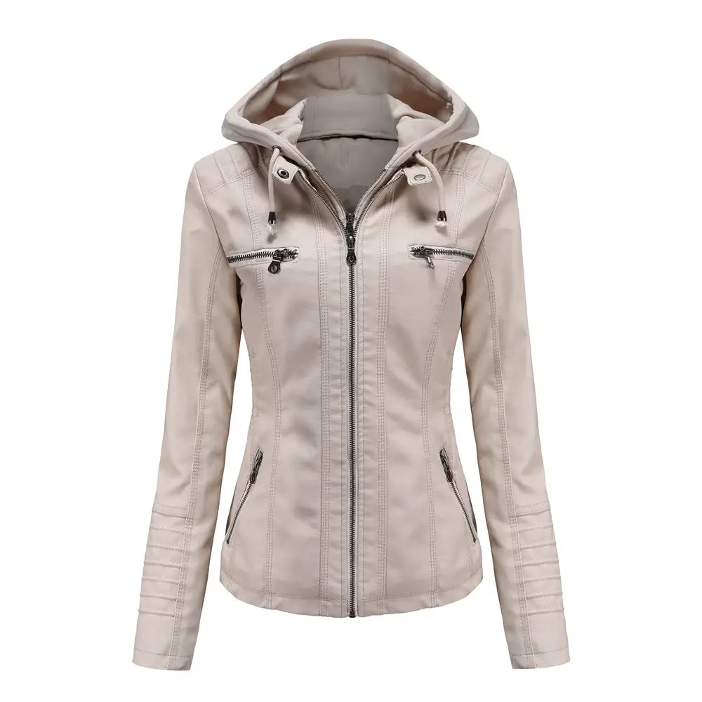 beige faux leather hooded jacket with zippered pockets and ribbed cuffs from the hooded leather jacket two-piece detachable slim fit collection