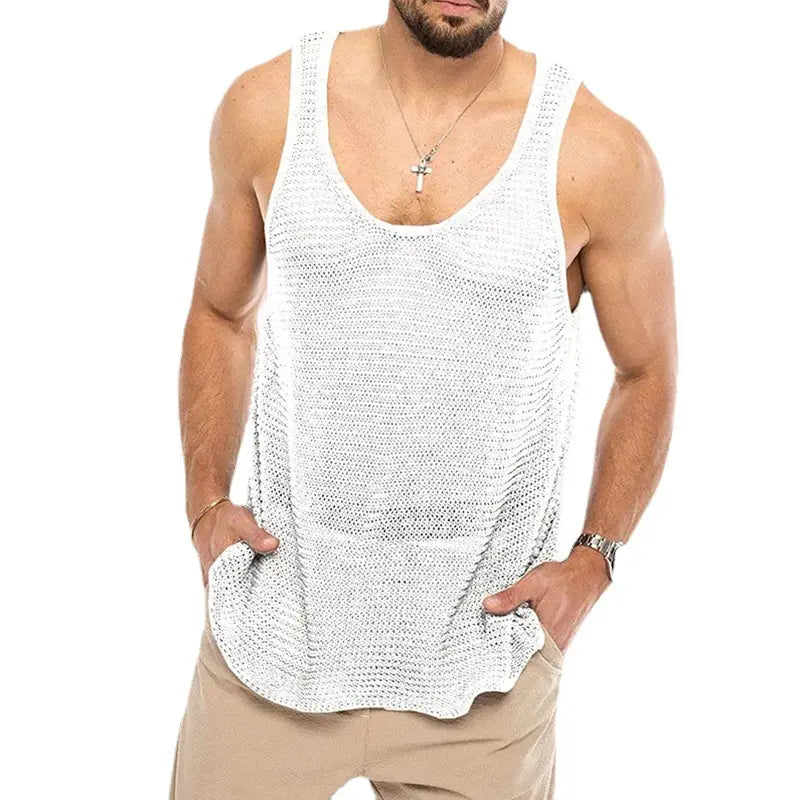 Men’s ribbed knit scoop neck sleeveless vest in white featuring a loose-fitting crochet design with side pockets.
