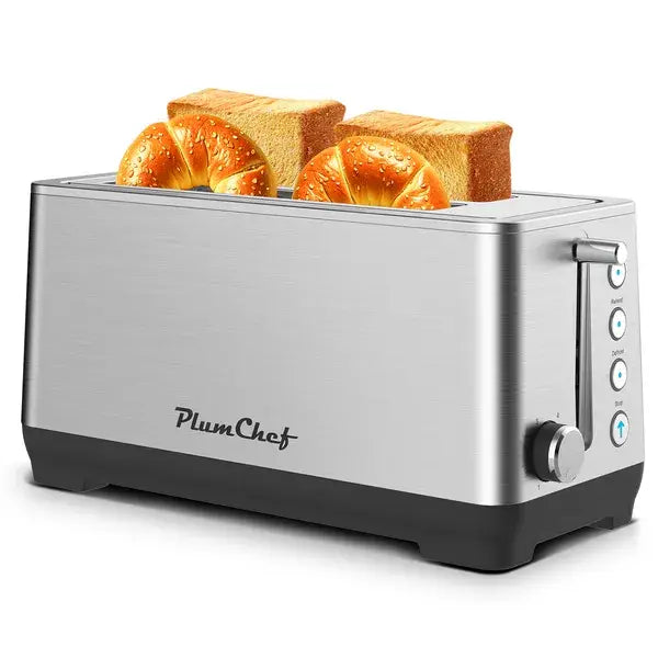 Silver stainless steel two-slice toaster with black base and control panel branded Plumchef shown as part of the 4-slice toaster Plumchef stainless steel wide slot product line.