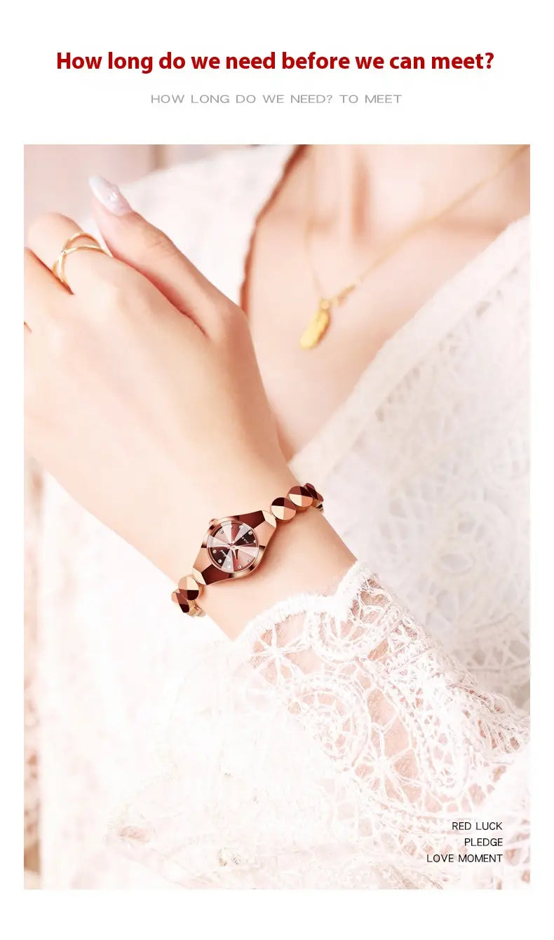 A delicate rose gold-toned luxe geometric faceted bracelet watch with a diamond-shaped face and alternating brown leather straps.
