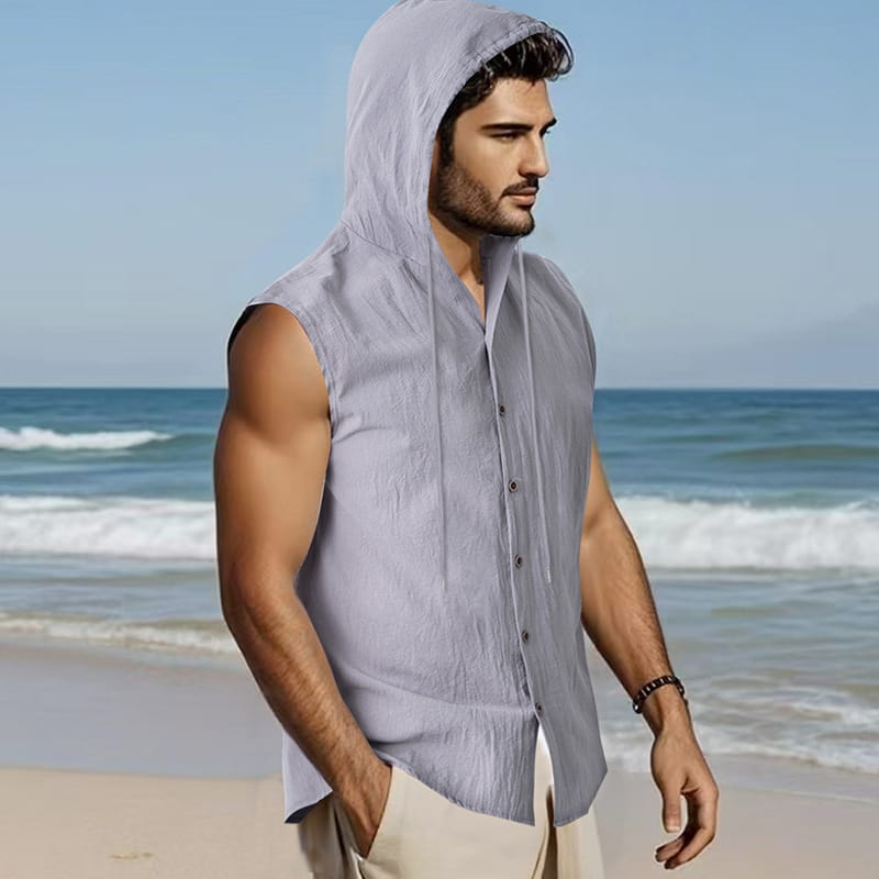 Men’s light gray linen blend sleeveless hooded button up shirt with a relaxed textured fabric.