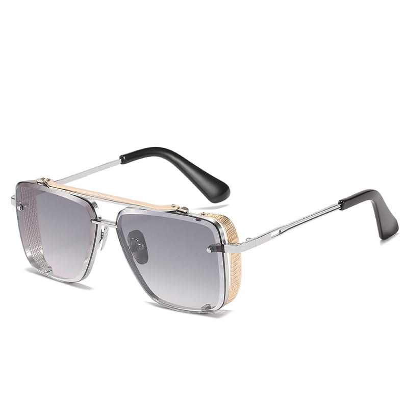 Silver-framed aviator sunglasses with gradient gray lenses and textured gold-tone metal mesh side panels featuring uv400 protection.