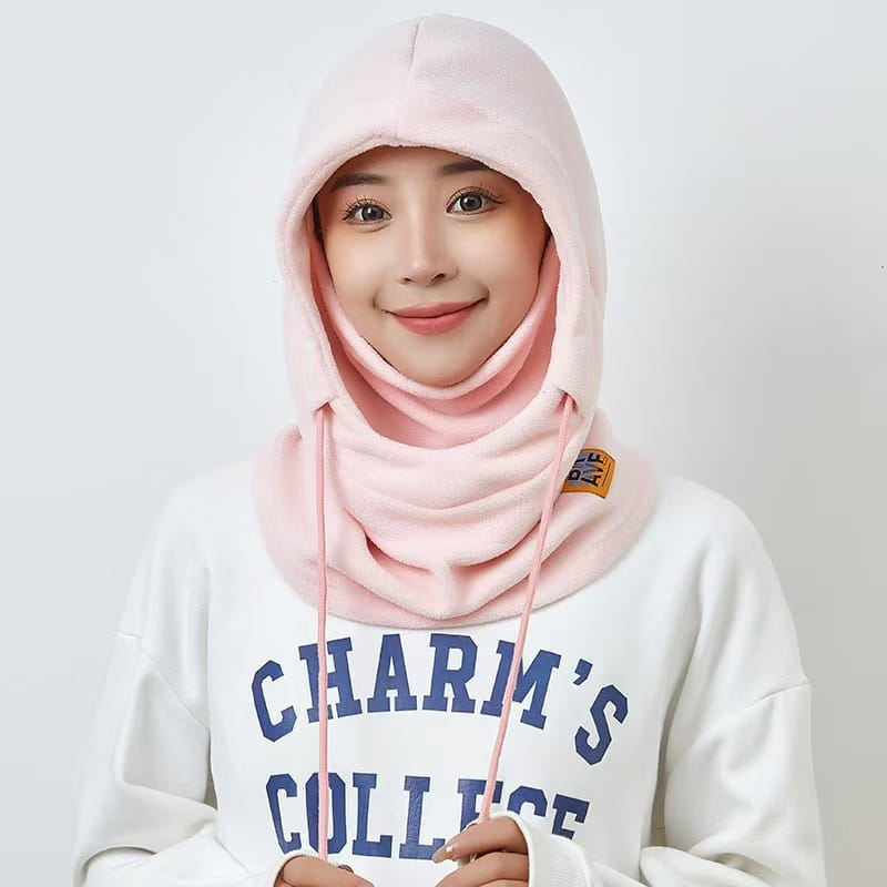 Pink fleece hooded hijab windproof balaclava ski mask hat with drawstrings and a small orange label on the shoulder strap.
