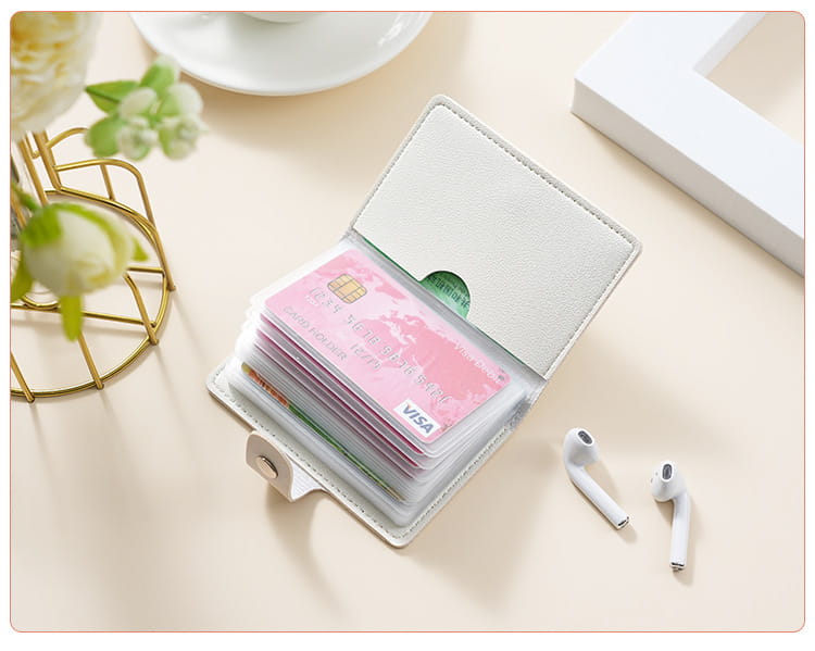 A sleek white vintage floral pu leather multi slot card holder wallet with a minimalist design, multiple transparent slots, and a small green circular accent on the inner flap.