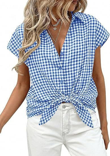 blue and white gingham short-sleeved plaid button up blouse with front knot made from lightweight cotton fabric