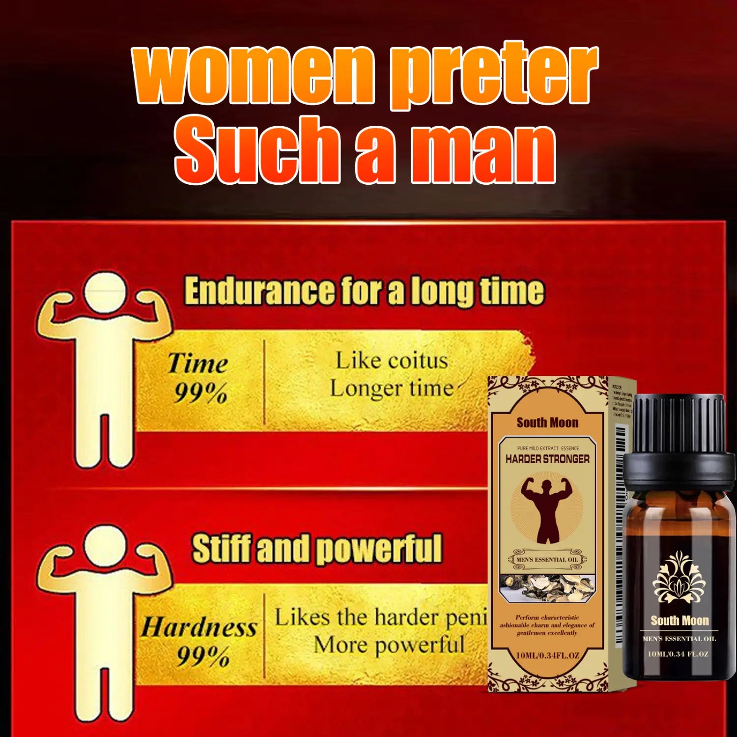 South moon men men’s essential oil jojoba massage vitality 10ml in a dark amber glass bottle with black ribbed cap and ornate gold foil packaging.