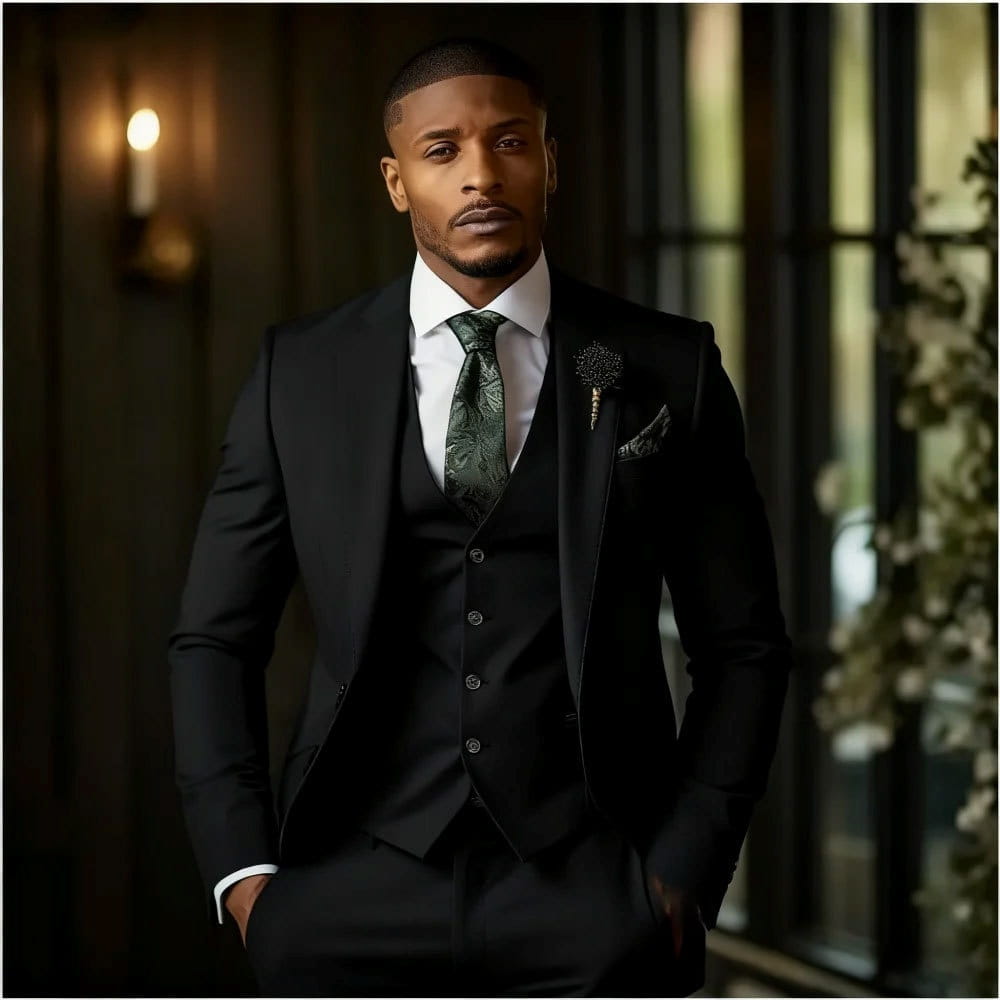 Men slim fit three piece suit in black with a tailored fit featuring a sleek jacket, vest, and matching trousers.