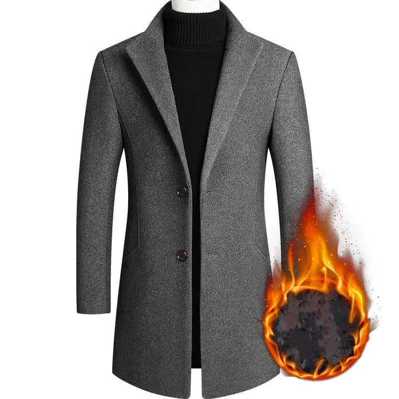 Eleganter Mantel aus Wollmischung in Anthrazitgrau für Herren mit klassischem Reverskragen und zwei Vorderknöpfen in mittlerer Länge.