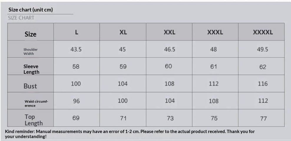 Tableau des tailles pour chemise à manches longues en polaire pour homme doublée, indiquant les mesures en centimètres pour les tailles L à XXXXL.