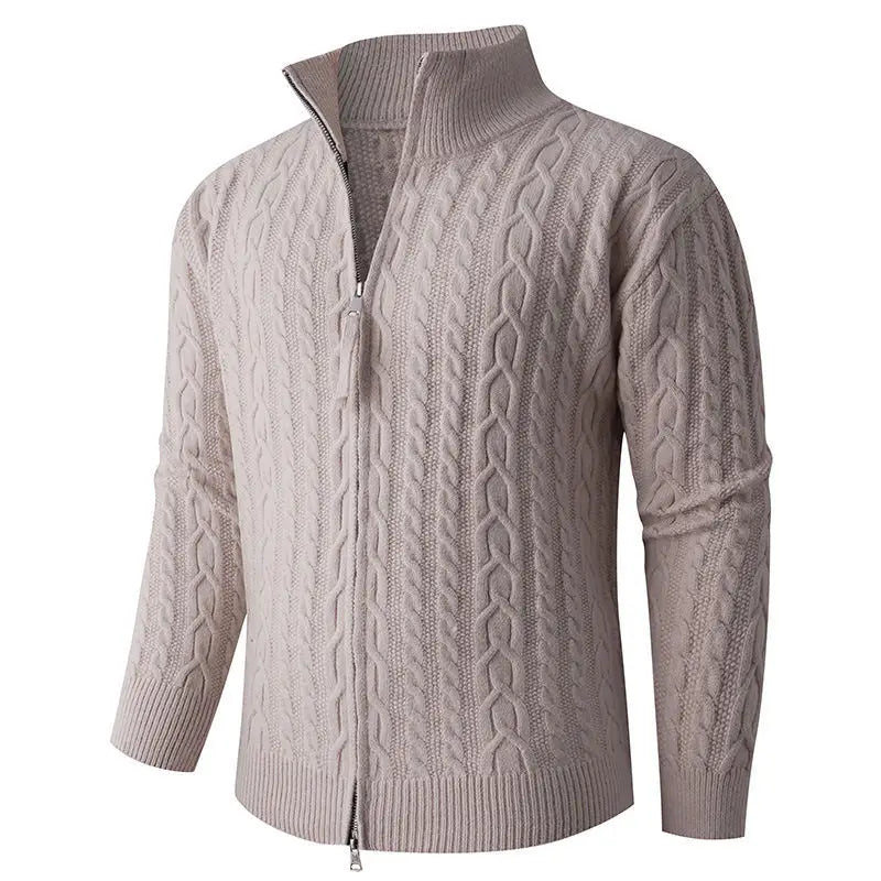 Beige cable-knit zip-up sweater for men featuring thick material with ribbed cuffs and hem.