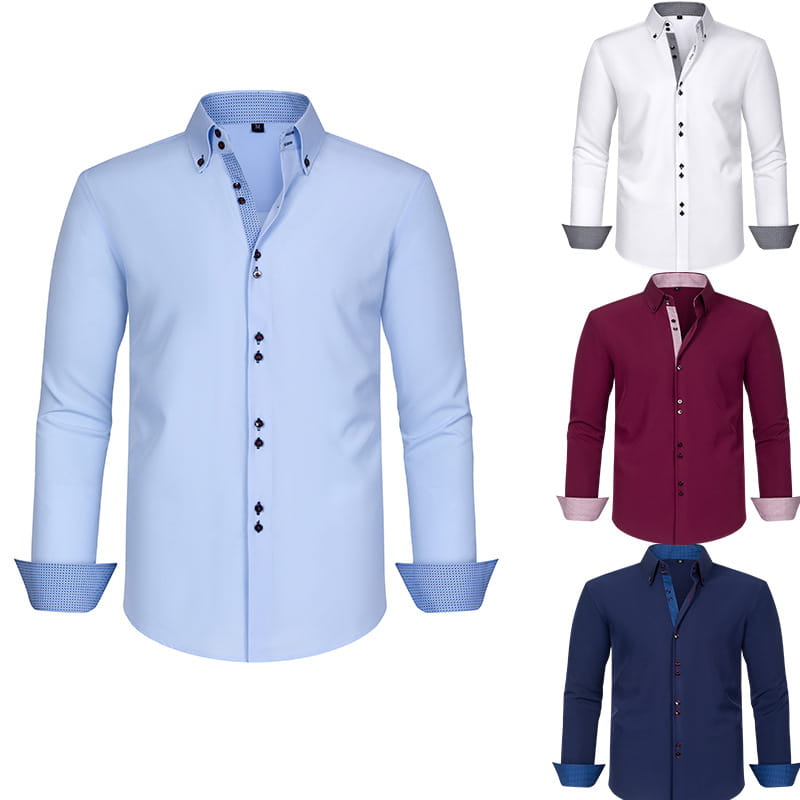 Chemise habillée stretch à empiècements contrastés bleu clair pour homme, avec un motif texturé discret sur le col intérieur et les poignets, ainsi que des boutons foncés contrastants.