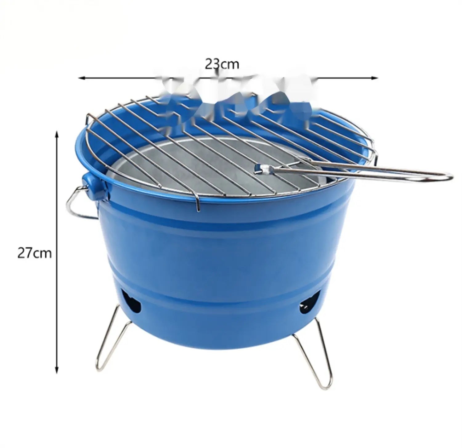 Blue metal charcoal grill with wire rack and tongs featuring a 30 stainless steel skewers set for outdoor cooking.