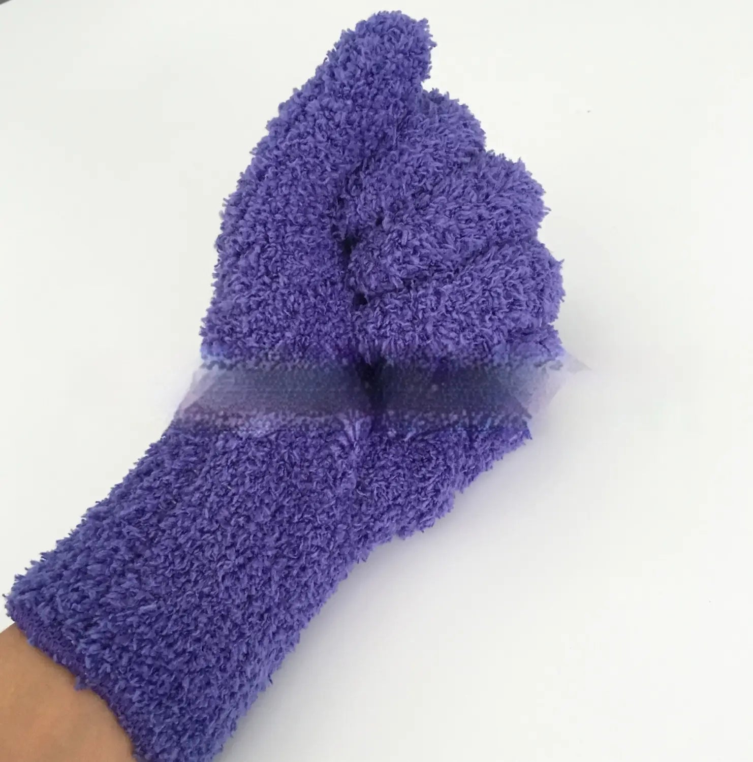 plush coral fleece bath dust gloves in purple feature a soft fuzzy texture and a snug fit for comfortable use.