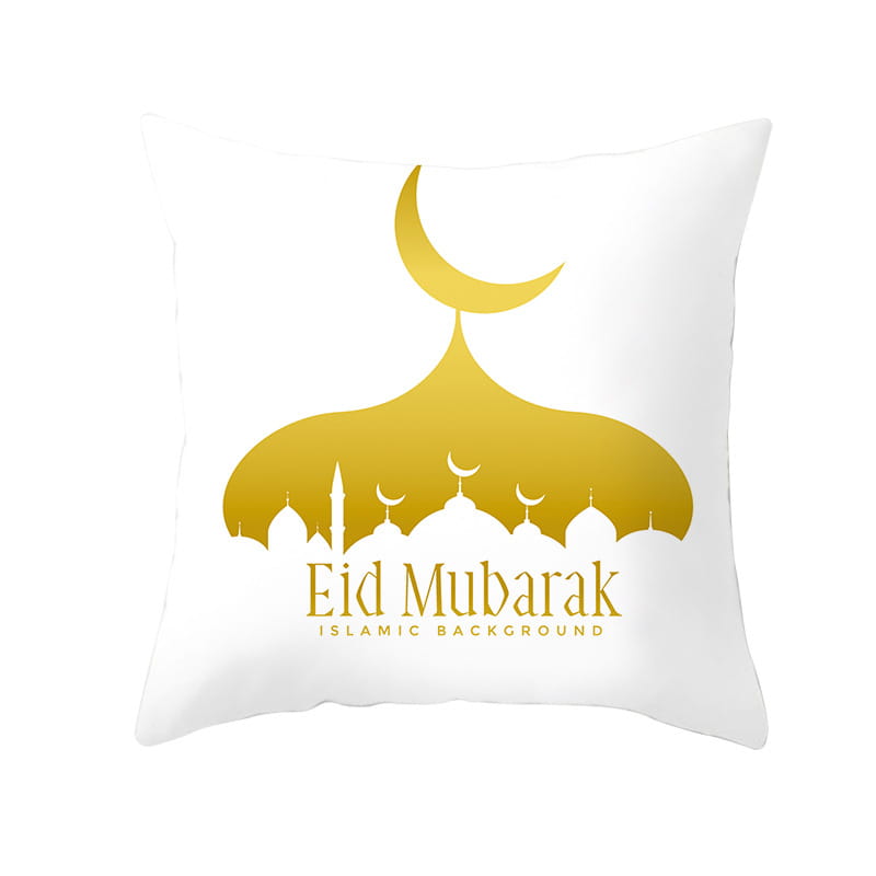 Cojín decorativo blanco con una silueta dorada de mezquita con lunas crecientes y el texto eid mubarak en letras doradas a juego, titulado funda de cojín de Ramadán Kareem azul y oro para linterna Eid.