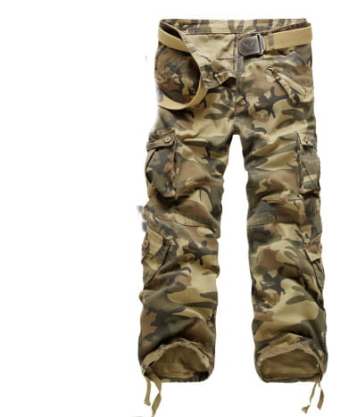 Camouflage cargo trousers for men featuring multiple pockets and a belt in earthy tones of green brown and beige.