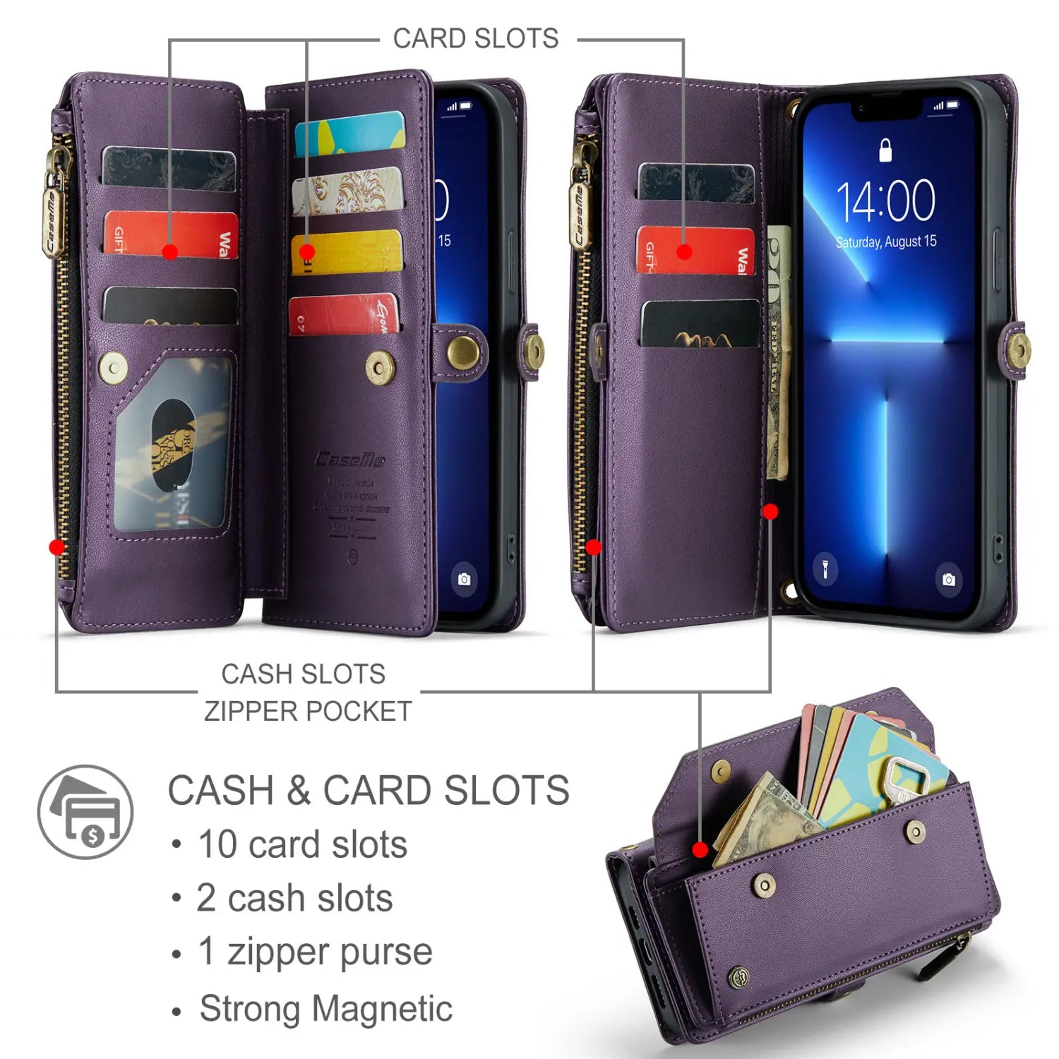 Purple leather wallet phone case with removable wrist strap featuring multiple card slots cash pockets and a zipper compartment