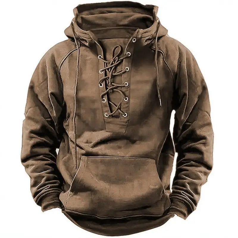 A brown textured cotton men’s pullover hoodie with lace-up front drawstring hood and kangaroo pocket.