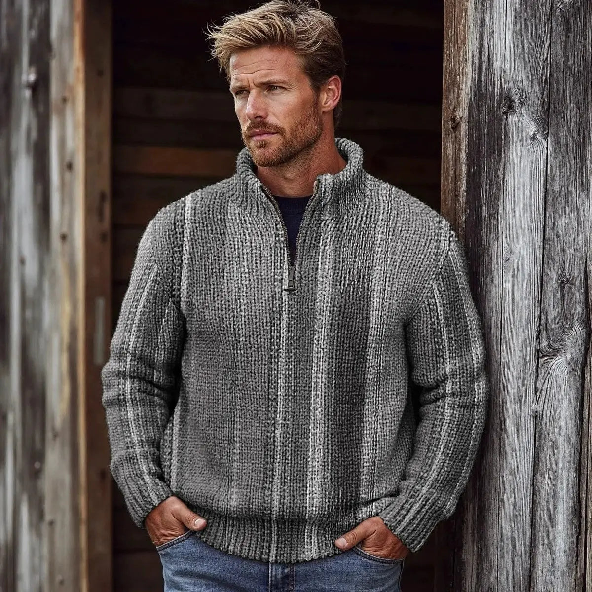 Pull-over zippé à col montant côtelé pour homme en gris texturé, avec des rayures verticales côtelées et une fermeture zippée.