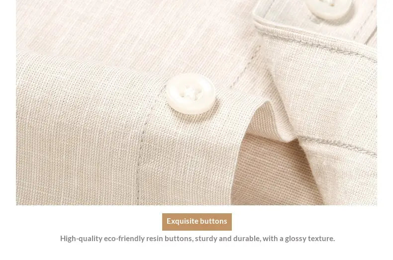 white glossy resin buttons on a light beige linen men linen mandarin collar slim shirt