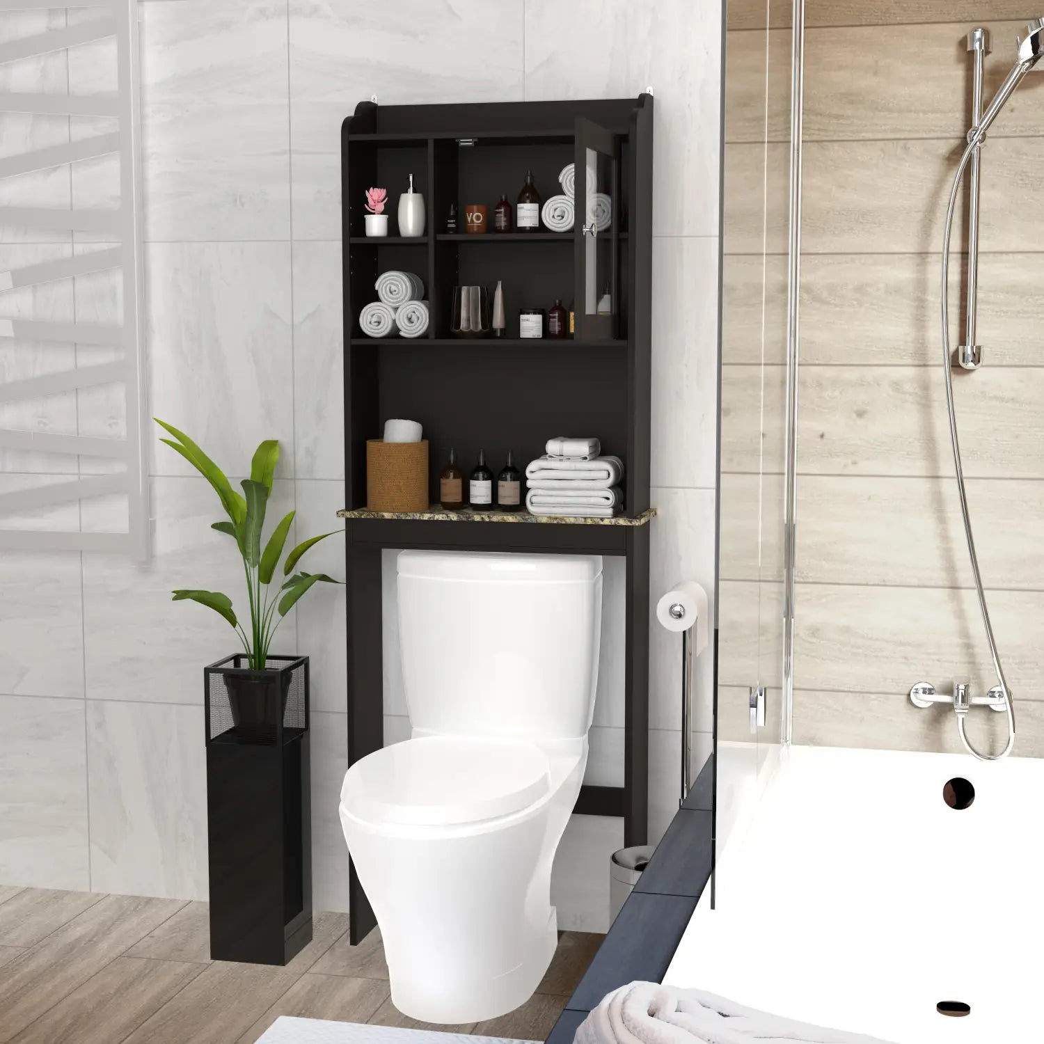 Black wooden espresso over the toilet storage cabinet with glass door and marble countertop for bathroom organization.