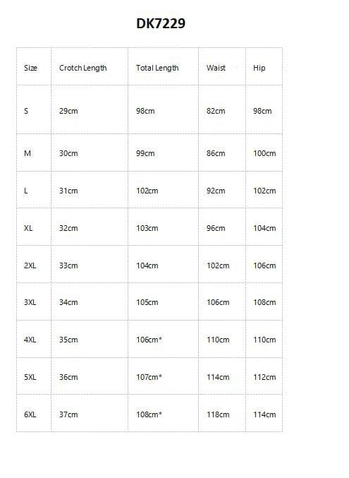 Size chart for dk7229 quick drying casual stretch pants displaying measurements in centimeters across sizes s through 6xl.