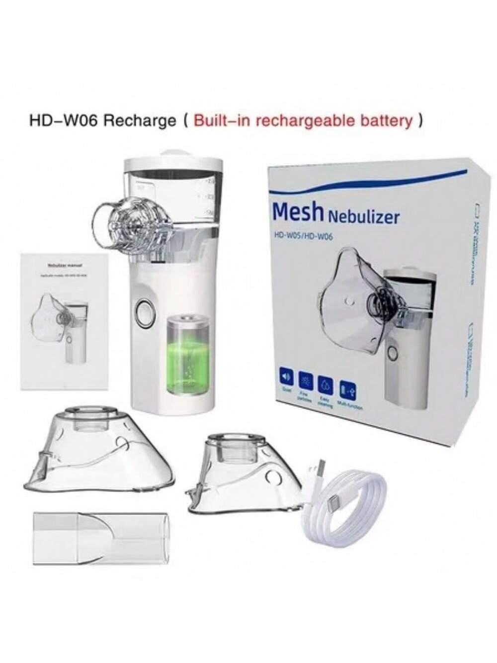 White hd-w06 rechargeable mesh nebulizer with transparent components and green liquid reservoir for portable nano mist facial hydration.