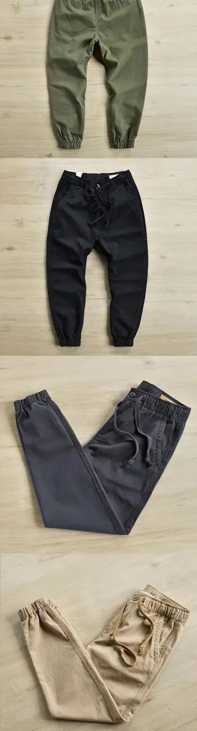 men’s casual cargo jogger pants in olive green black navy blue and beige with elastic cuffs and drawstring waistbands designed for comfortable everyday wear.