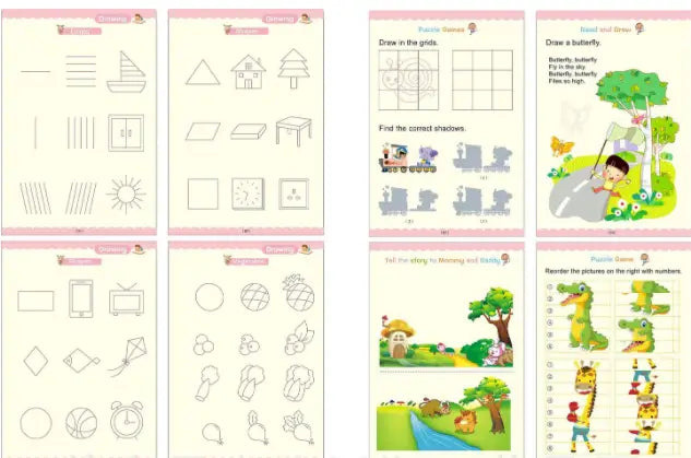 Children’s educational workbook page from Sank Magic Practice Copybook Set for kids preschoolers featuring colorful illustrations and tracing exercises for early learning.