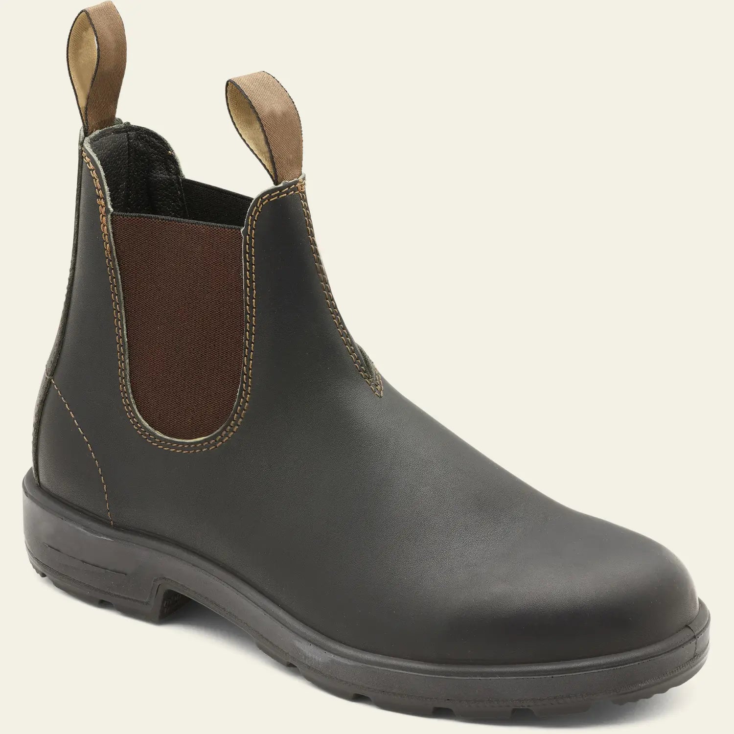 Black leather unisex Chelsea boots with brown elastic side panels and tan pull tabs designed in a vintage Martin style.