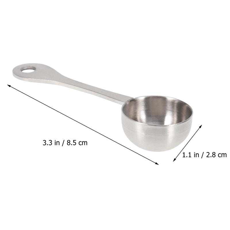 A sleek stainless steel 304 measuring spoon with a polished finish and a rounded bowl for kitchen use.