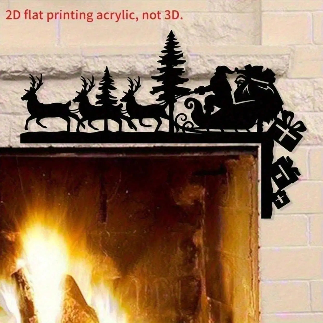 Décoration de cheminée en acrylique imprimé 2D noir présentant le père Noël dans un traîneau tiré par des rennes et des sapins, pour la décoration de Noël.