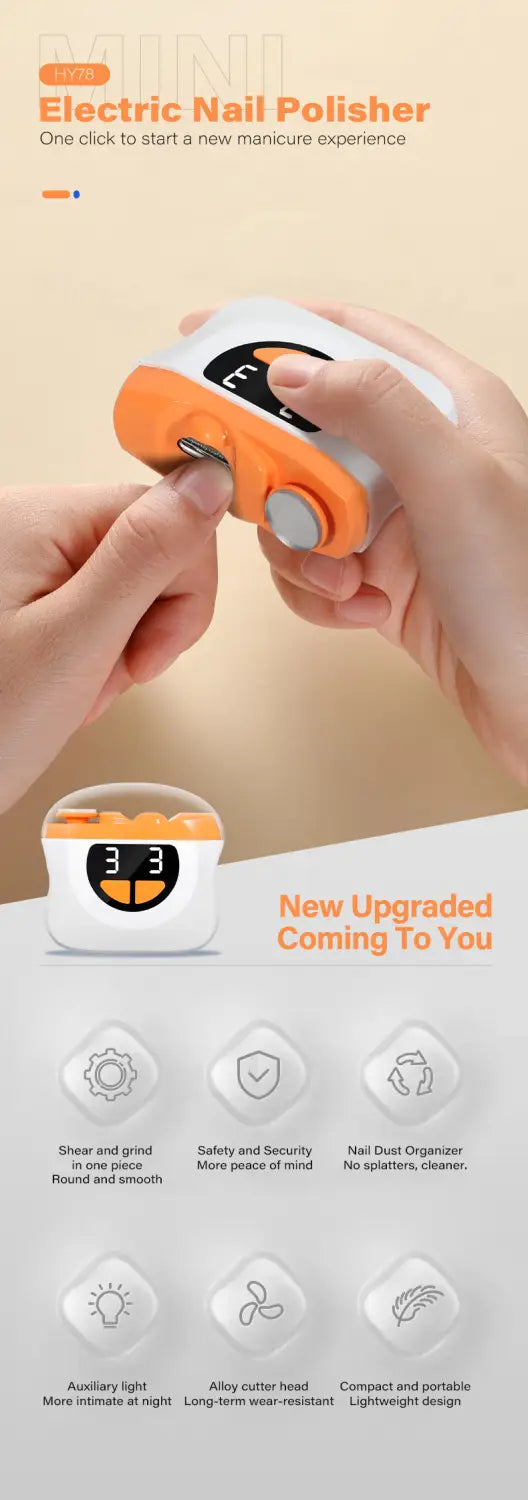 White and orange electric nail clippers with led display and trimmer featuring a sleek compact design