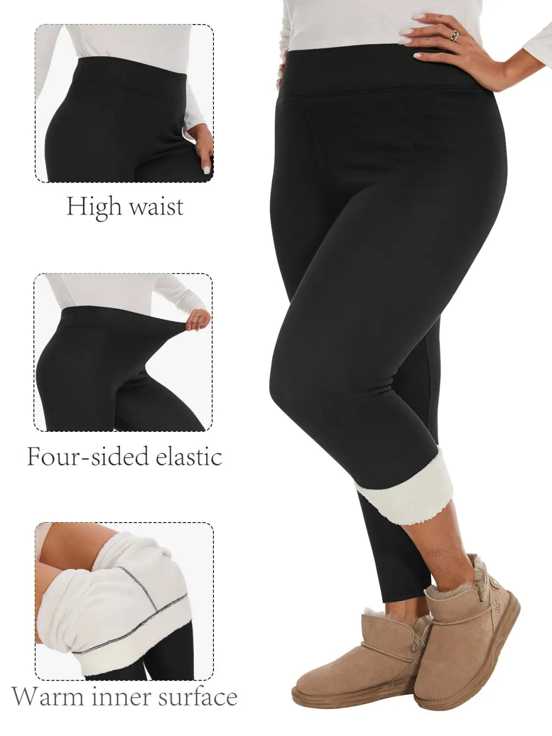 Black fleece lined high waisted winter leggings featuring a four-sided elastic waistband and white ribbed cuffs at the ankles designed for warmth and comfort.