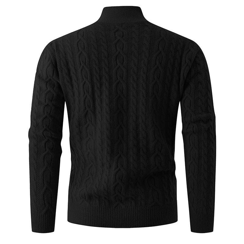 Black thick half zip cable knit sweater featuring a textured interwoven pattern and a turtleneck design.