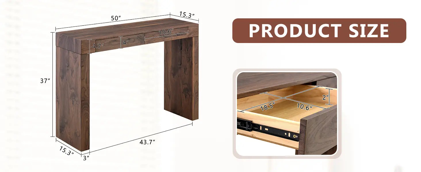 Dark brown walnut wood bar table with double drawers and a sleek modern design measuring 50 inch.