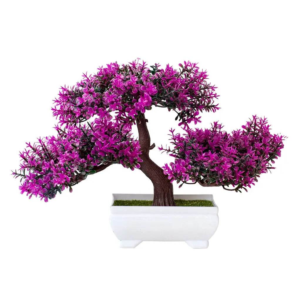 Vibrant purple artificial bonsai tree with dark brown trunk and branches in a sleek white ceramic pot displayed as part of a four pack.