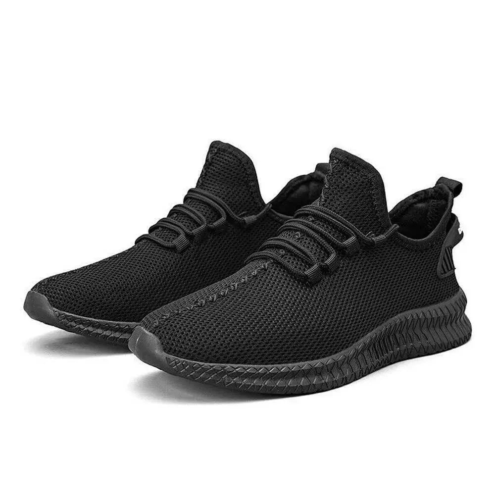 Men’s black knit mesh athletic running shoes featuring a textured rubber sole and matching laces.