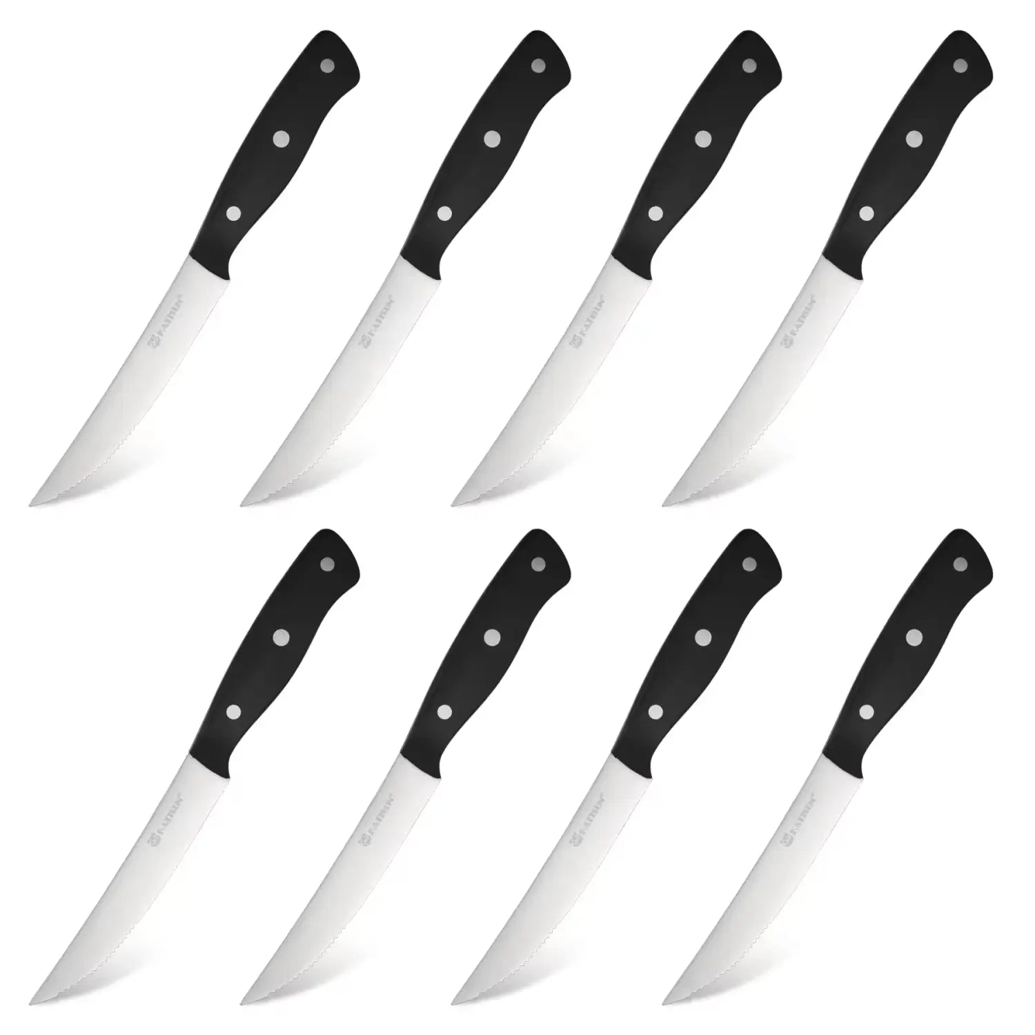 Ensemble de huit couteaux à steak à poignée noire, avec des plaquettes en acier au carbone et des lames en acier inoxydable conçues pour trancher le steak.