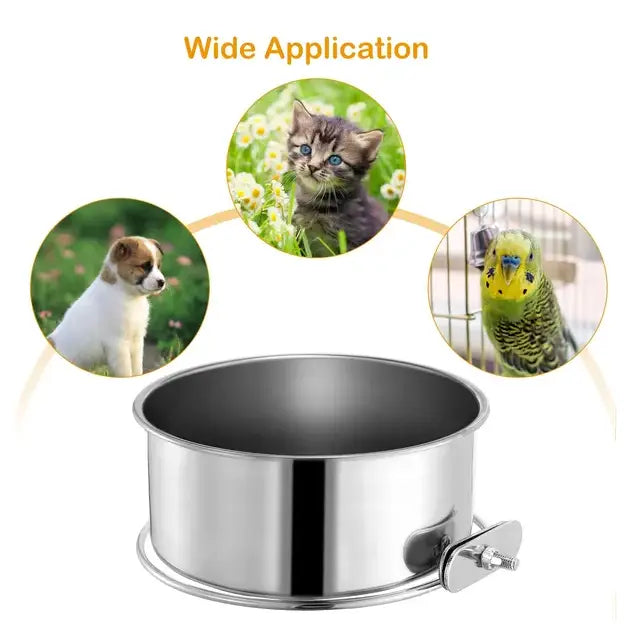 Mangeoire pour chien en acier inoxydable pour caisse, suspension pour nourriture pour animaux, avec une surface réfléchissante élégante et une pince latérale réglable.