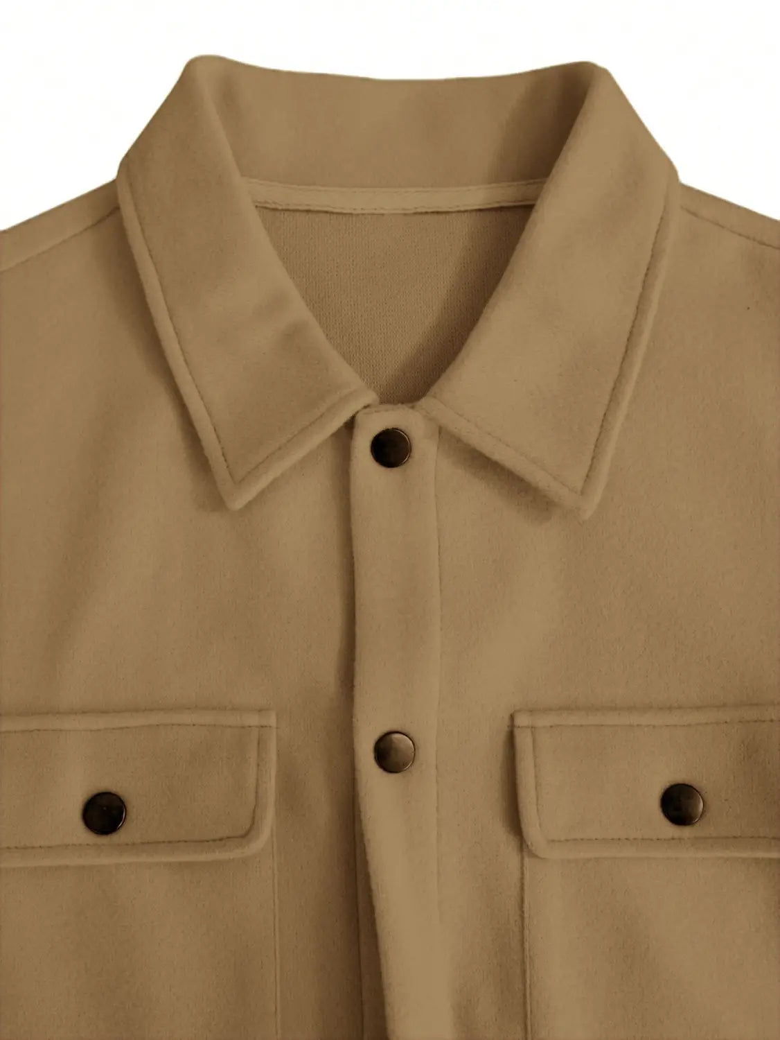 men’s classic slim fit wool blend lapel jacket in beige featuring a classic collar, two front flap pockets, and dark brown buttons.