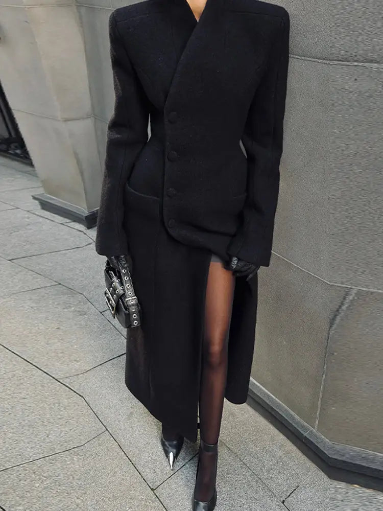 black structured blazer with bold tailored silhouette and button detailing suitable as charcoal gray wool coat women waisted long outerwear