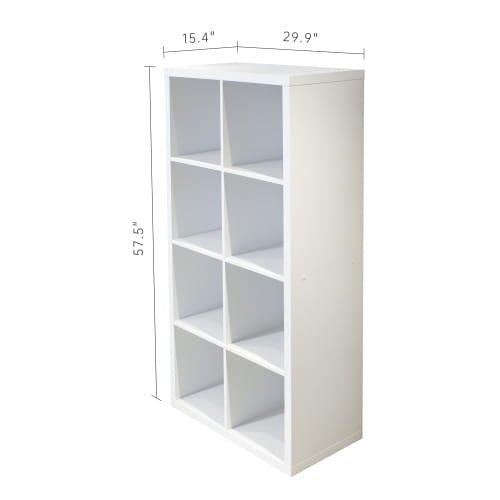 meuble de rangement en cubes blancs avec trois rangées de quatre compartiments ouverts chacune, finition blanche, pour organiser la maison et le bureau