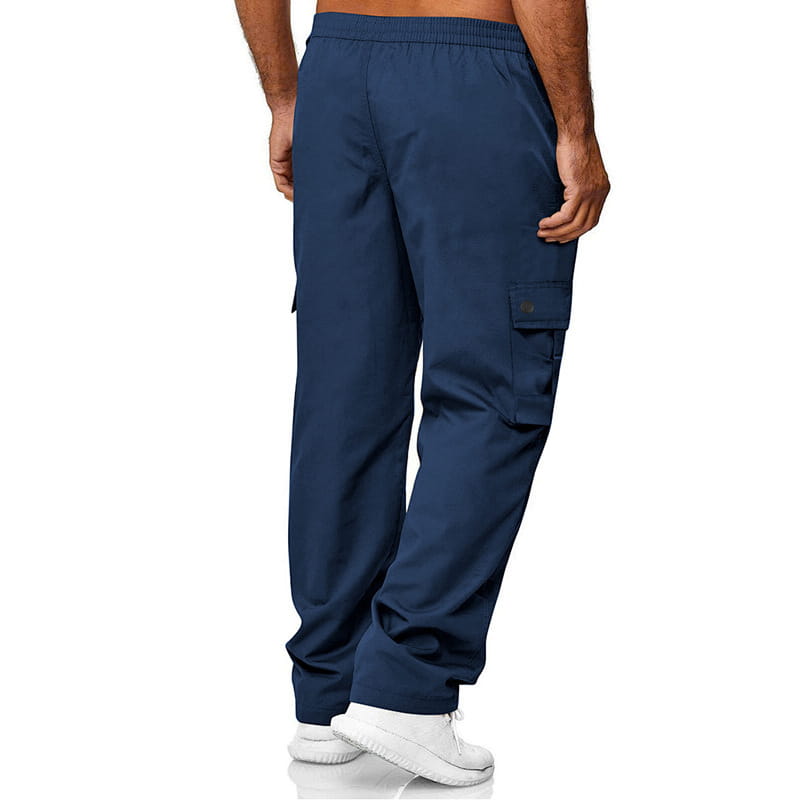 mens straight leg cargo work pants in navy blue featuring an elastic waistband and side pockets for practical use.