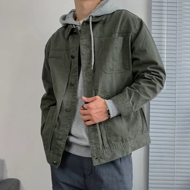mens black denim jacket casual retro outerwear shown in olive green utility style with hood and button closures