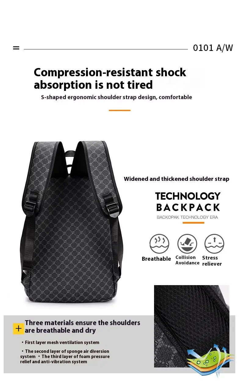 black shark backpack made of pu material featuring a repeating geometric pattern and padded shoulder straps designed for large capacity business use shown from the back side