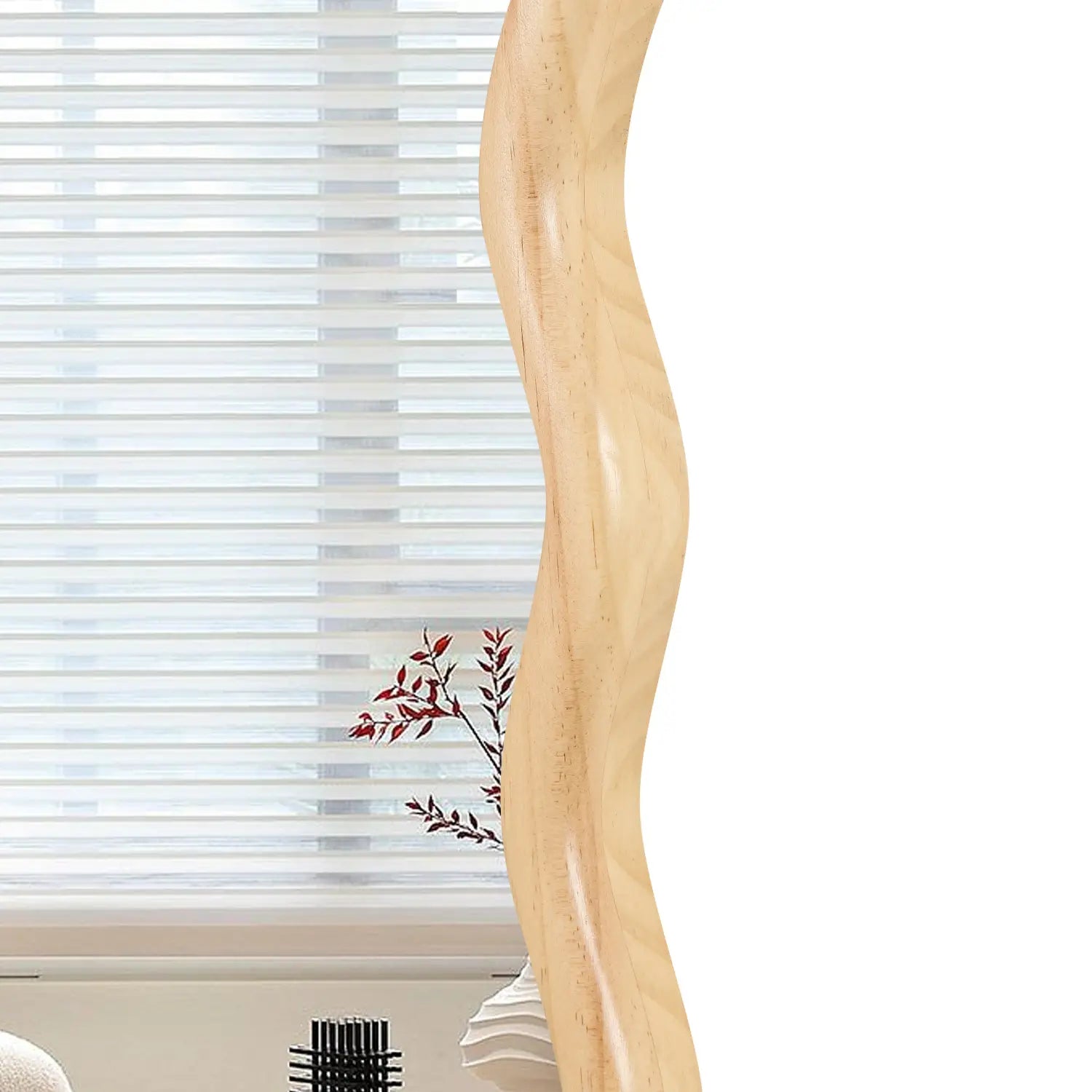 A sleek light-colored wooden side table with a smooth curved design complements the solid wood wavy mirror 31 inch scalloped round decor.