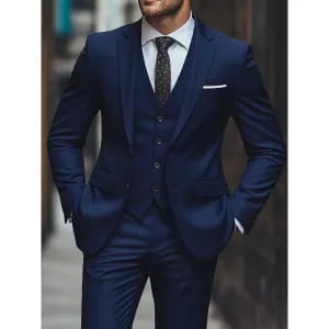 Navy blue men woolen three piece suit featuring a slim fit vest and trousers ideal for business attire.