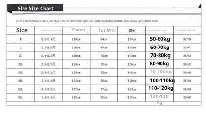 Size chart for Taiwai brand men’s Japanese style cotton straight leg workwear pants showing measurements in centimeters and corresponding weight ranges per size.